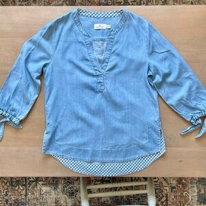 Vineyard Vines Chambray Blouse with Tie Sleeves and Checkered Trim